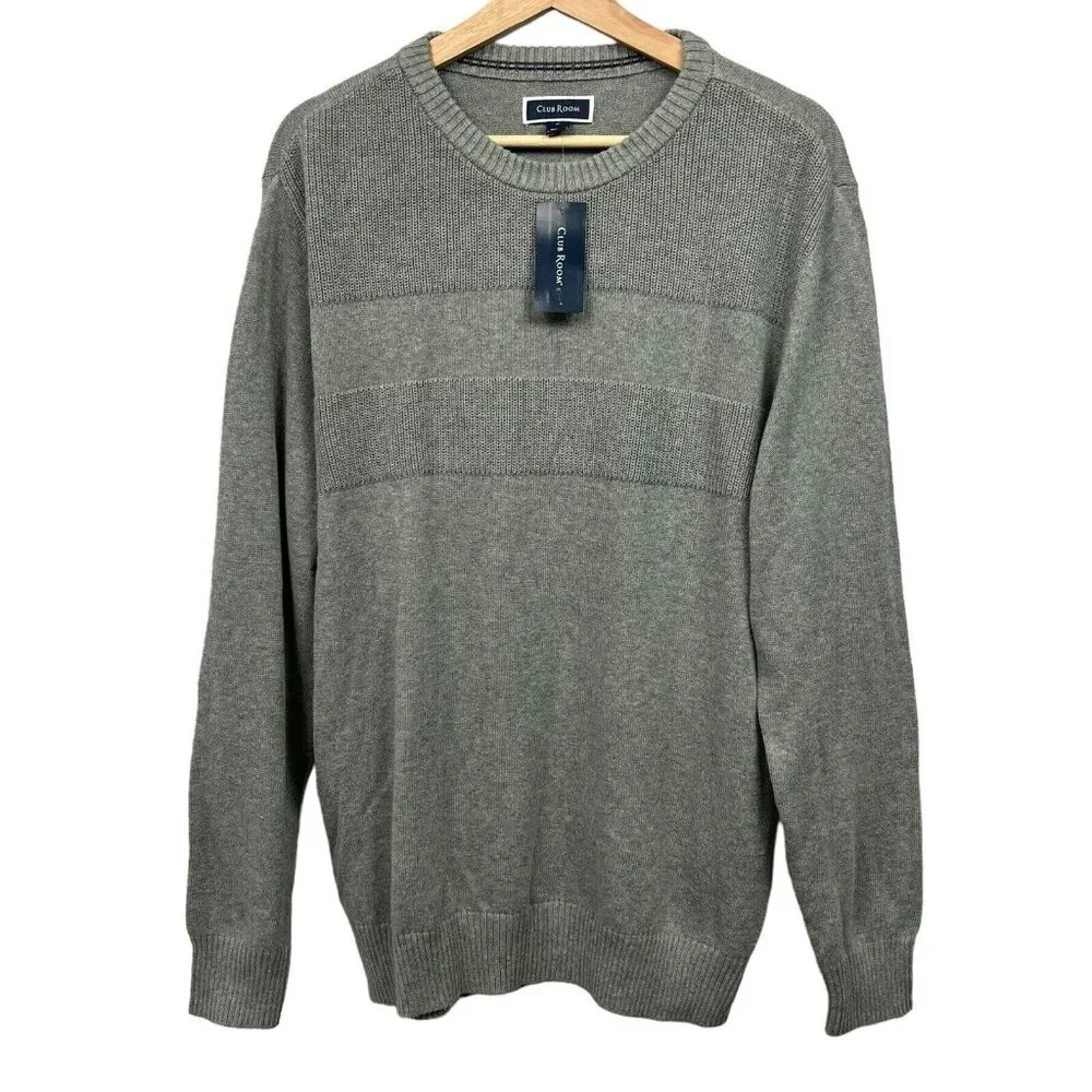 Club Room Mens Medium Textured Cotton Crew Neck Pullover Sweater Gray NWT